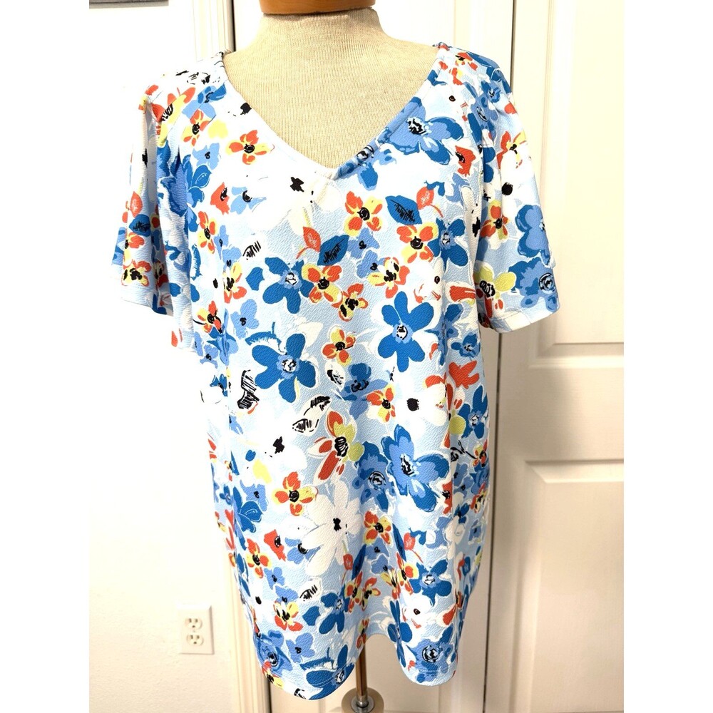 Anne Klein Blouse Sz Large Fiji Blue Floral Multi Pleated Flutter Sleeve Stretch